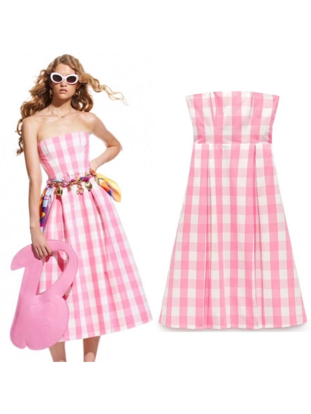 ZARA X BARBIE THE MOVIE Pink and White Strapless Gingham Midi Dress XL NEW NWT